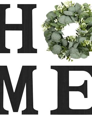 Wood Home Sign with Artificial Eucalyptus Wreath for O, Hanging Farmhouse Wall House Decor Wood Letters for Wall Art Rustic Home Decor, Wall Decor for Living Room Kitchen Entryway (Black)