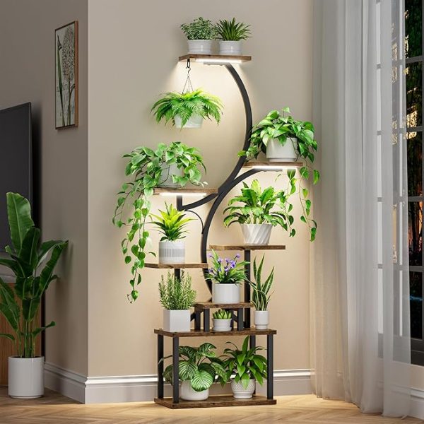 Plant Stand Indoor with Grow Lights - 62" Tall Plant Shelf, Lighted Corner Plant Stands for Indoor Growing, 8 Tiered Large Flower Holder, S-Shaped Decorative Rack for Living Room, Black, Patent Design