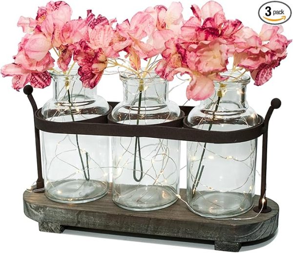 Vase Set with Flower and LED Lights, 3 Jars with Artificial Flowers, Rustic Wood Tray, Farmhouse Table Decor